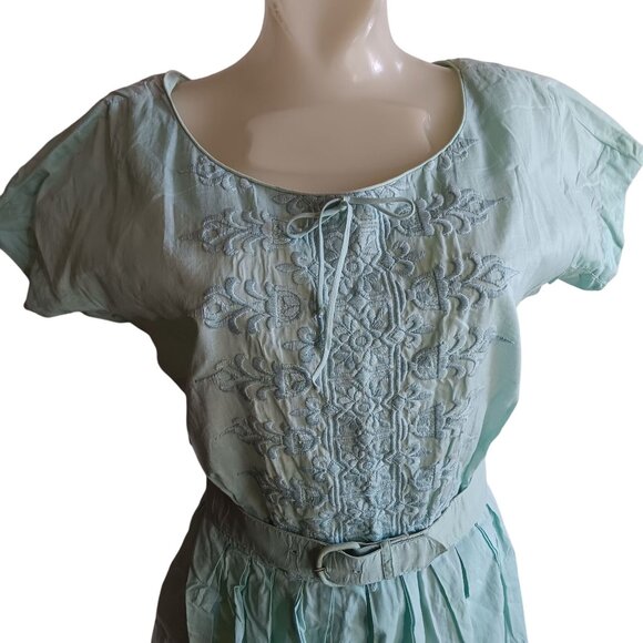 sz 8 Vintage 1950's Dress Mint Green Embroidered Nelly Don Belt Linen Distress - Picture 2 of 14